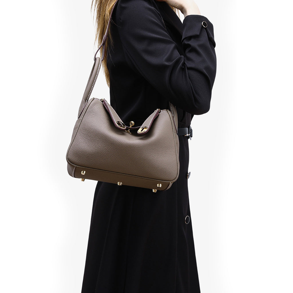 Luxury Designer Leather Shoulder Bag Small/Large | Taupe Pebbled Top-Grain Leather | Dual Handle Flap Design