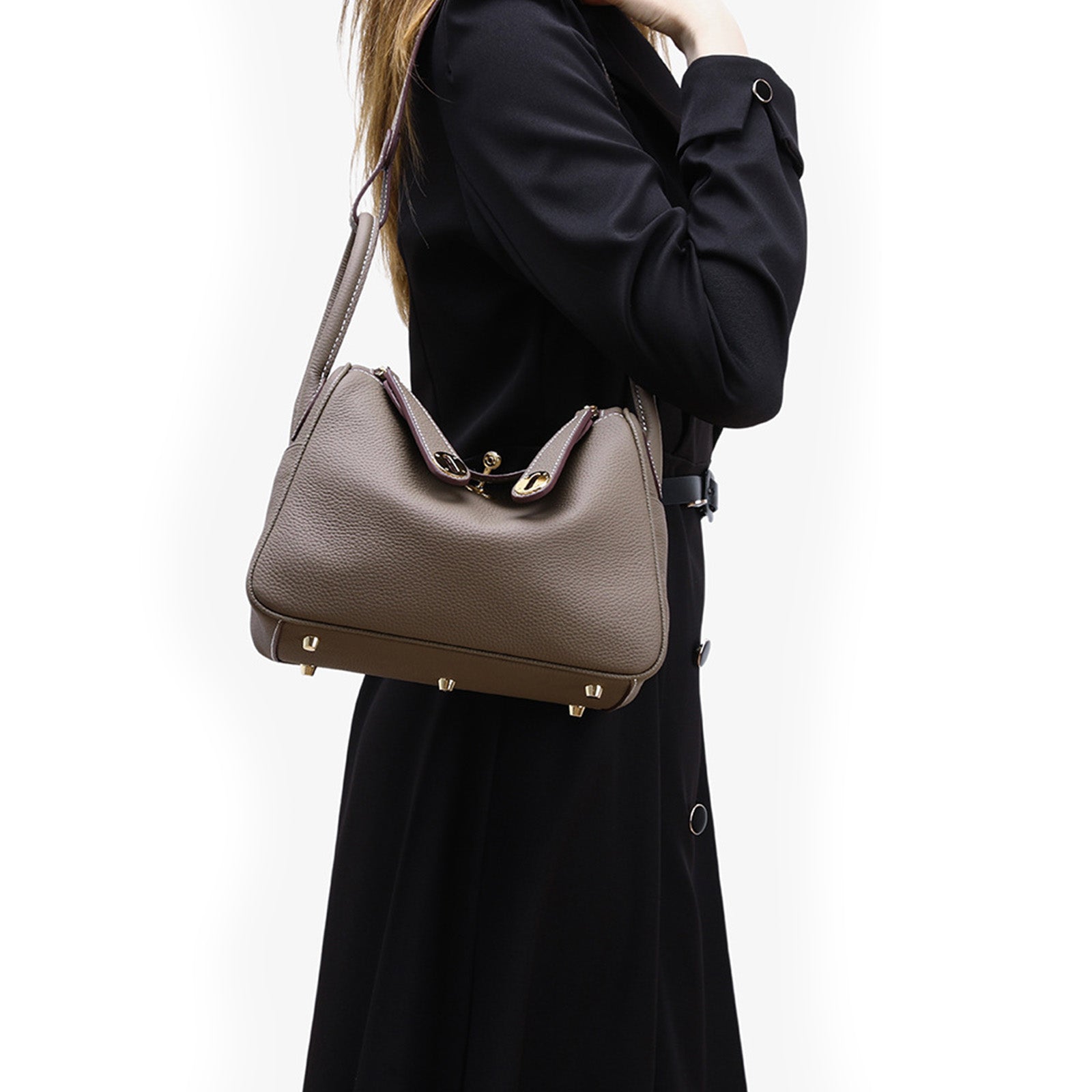 Luxury Designer Leather Shoulder Bag Small/Large | Taupe Pebbled Top-Grain Leather | Dual Handle Flap Design