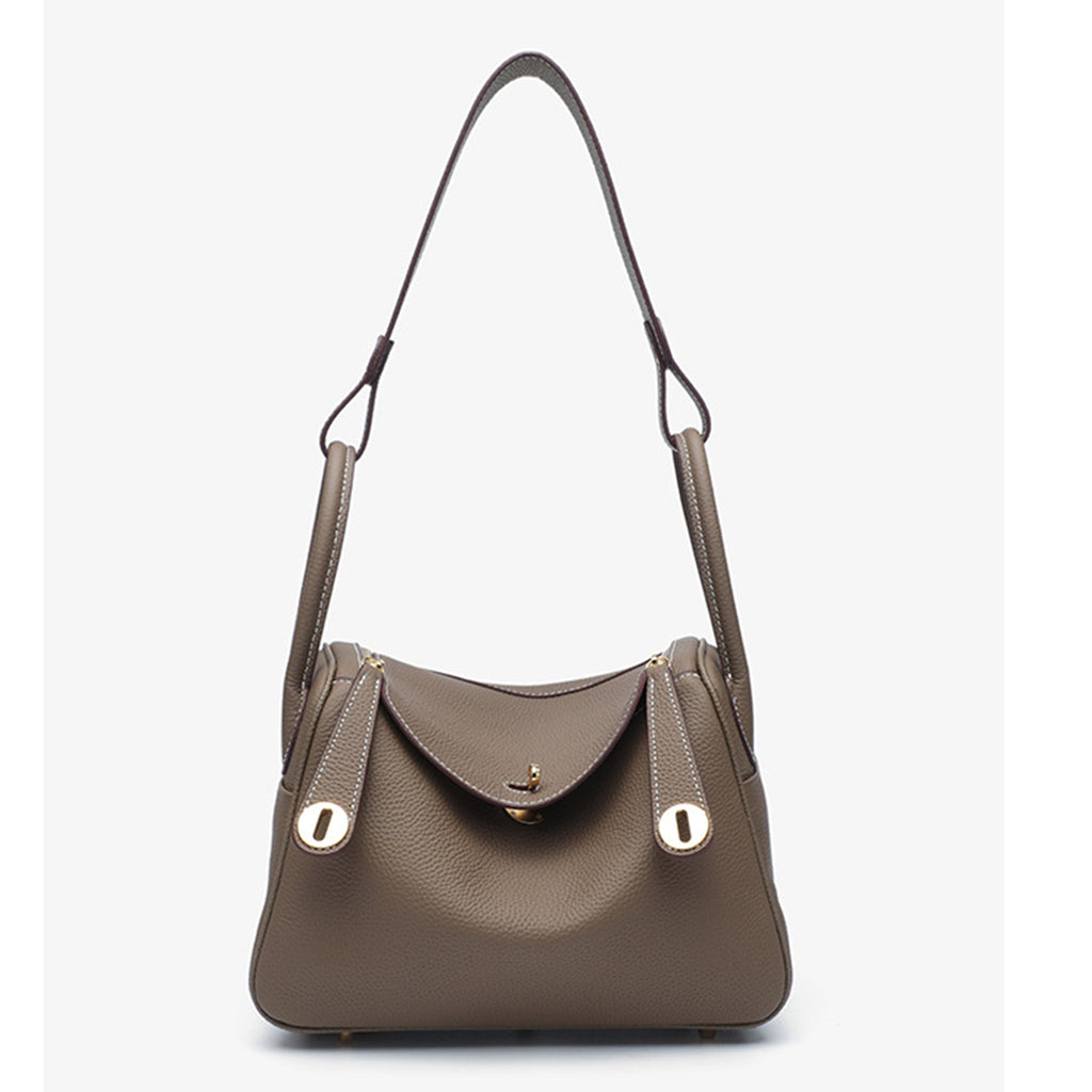 Luxury Designer Leather Shoulder Bag Small/Large | Taupe Pebbled Top-Grain Leather | Dual Handle Flap Design