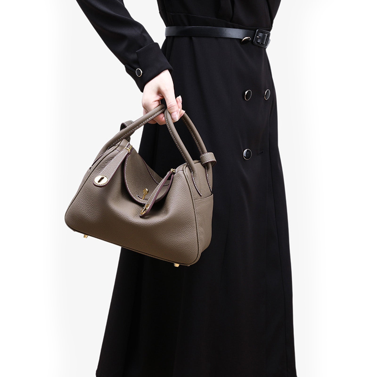 Luxury Designer Leather Shoulder Bag Small/Large | Taupe Pebbled Top-Grain Leather | Dual Handle Flap Design