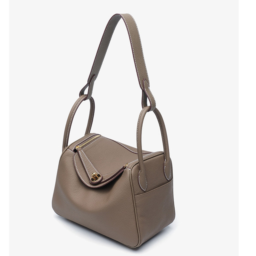 Luxury Designer Leather Shoulder Bag Small/Large | Taupe Pebbled Top-Grain Leather | Dual Handle Flap Design