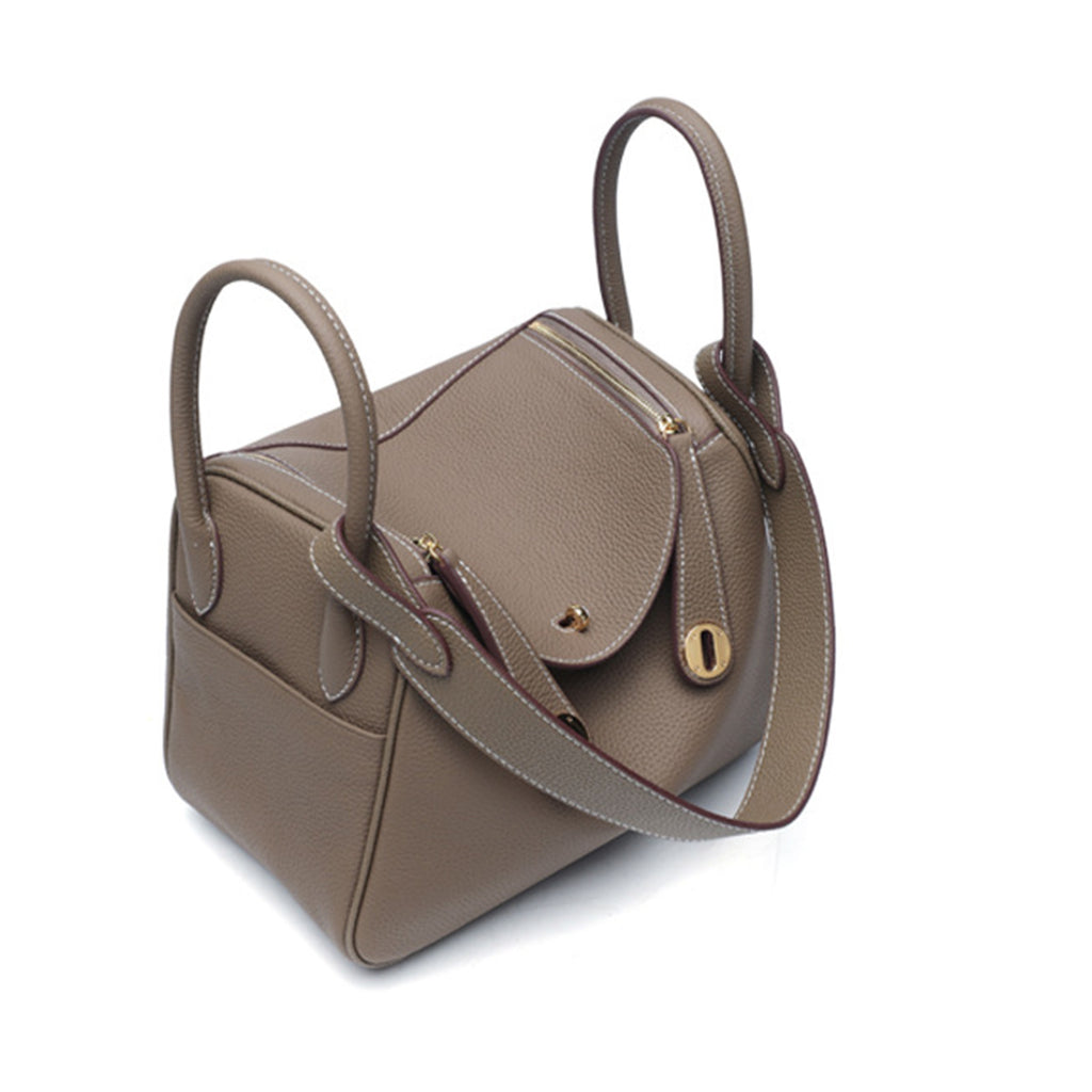 Luxury Designer Leather Shoulder Bag Small/Large | Taupe Pebbled Top-Grain Leather | Dual Handle Flap Design