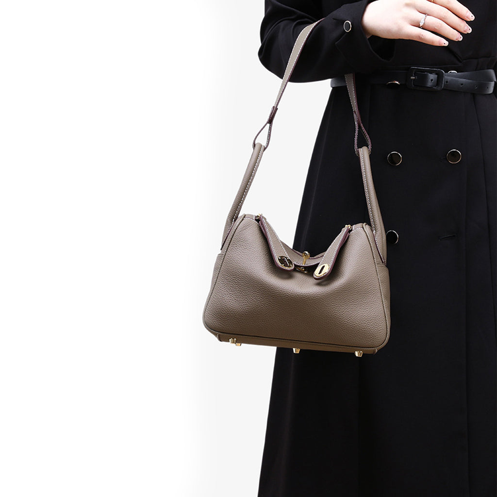 Luxury Designer Leather Shoulder Bag Small/Large | Taupe Pebbled Top-Grain Leather | Dual Handle Flap Design