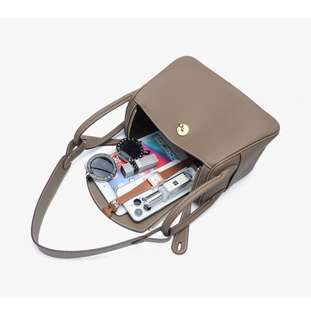 Luxury Designer Leather Shoulder Bag Small/Large | Taupe Pebbled Top-Grain Leather | Dual Handle Flap Design