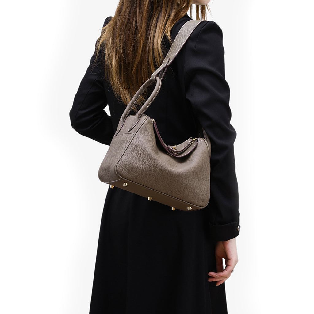 Luxury Designer Leather Shoulder Bag Small/Large | Taupe Pebbled Top-Grain Leather | Dual Handle Flap Design