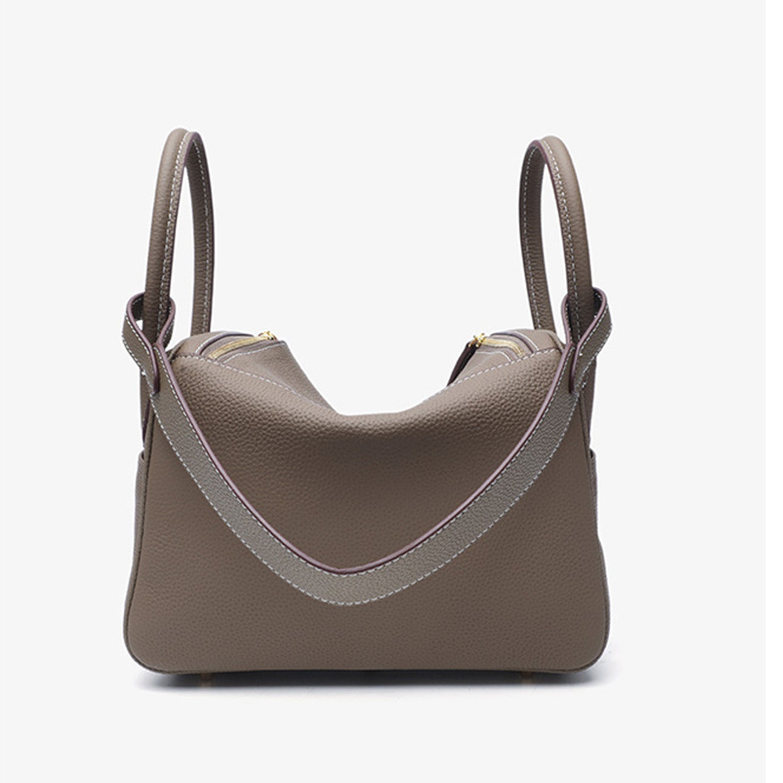 Luxury Designer Leather Shoulder Bag Small/Large | Taupe Pebbled Top-Grain Leather | Dual Handle Flap Design