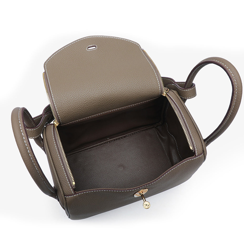 Luxury Designer Leather Shoulder Bag Small/Large | Taupe Pebbled Top-Grain Leather | Dual Handle Flap Design