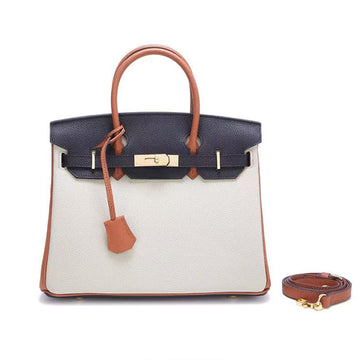 Luxury Designer Leather Handbag | Navy, Ivory & Saddle Brown Colorblock Genuine Leather