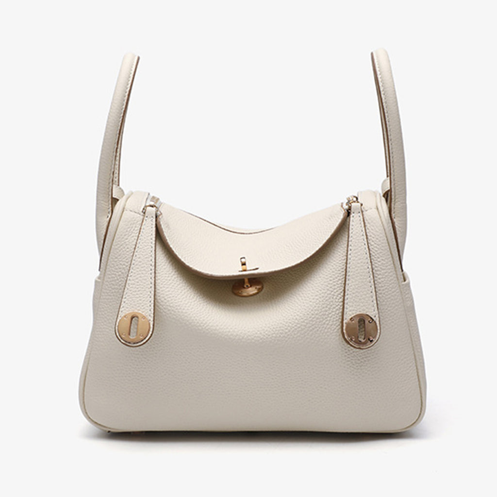 Luxury Designer Leather Shoulder Bag 26cm | Cream Pebbled Genuine Leather