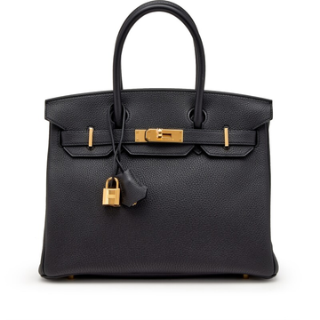 Classic 30cm Structured Top Handle Bag in Black Grained Leather | Gold Hardware