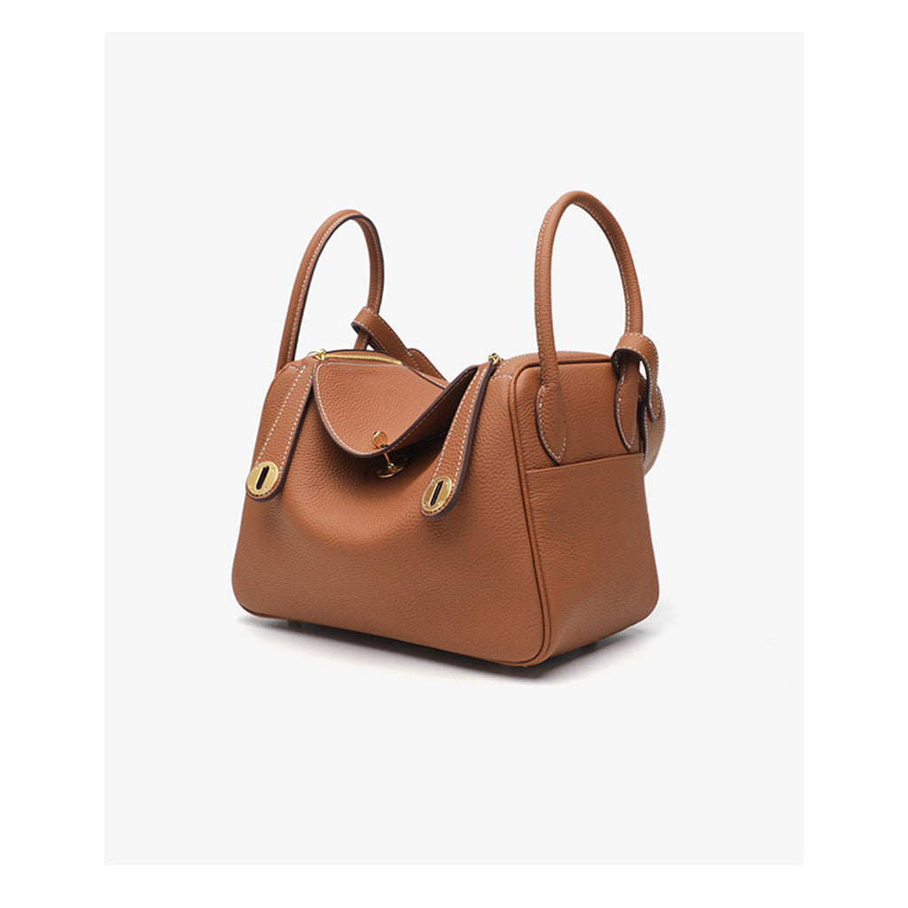 Luxury Designer Leather Shoulder Bag 26cm | Classic Saddle Brown Pebbled Genuine Leather