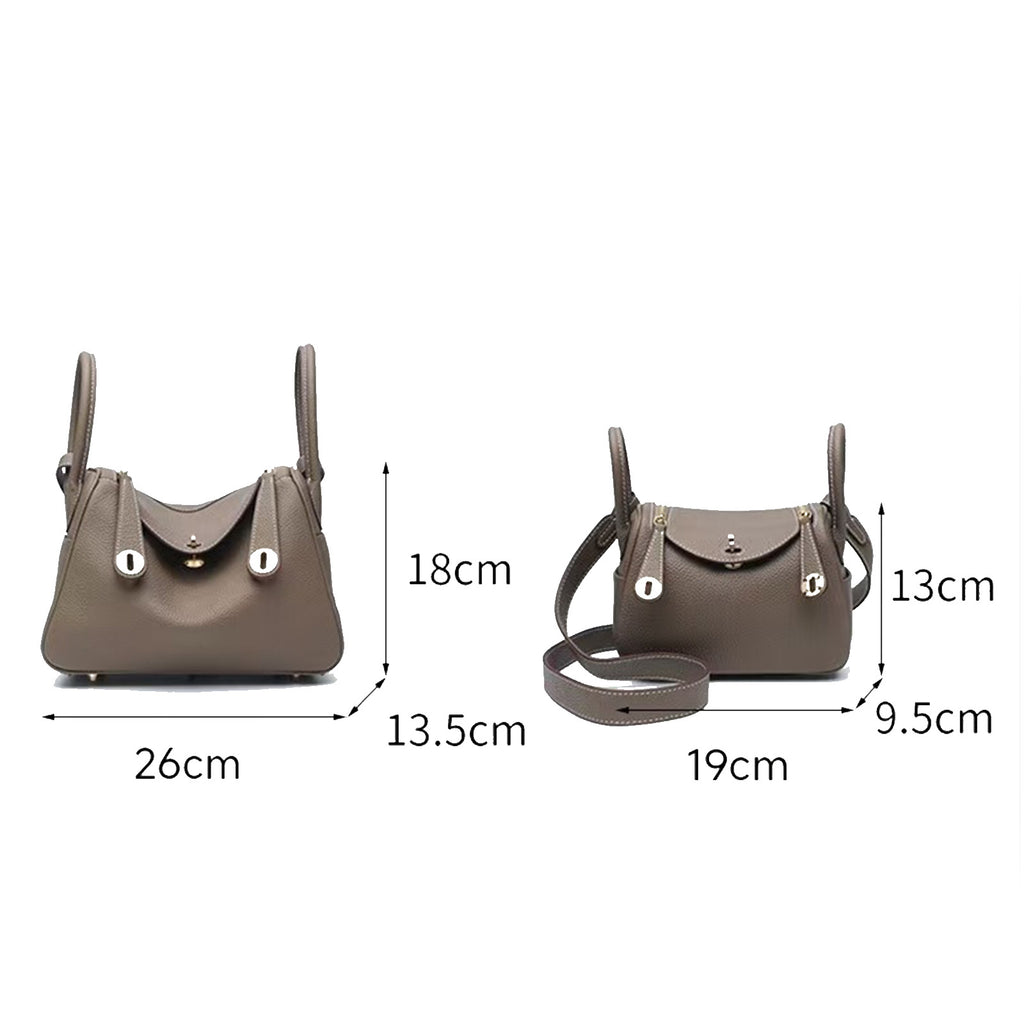 Luxury Designer Leather Shoulder Bag Small/Large | Taupe Pebbled Top-Grain Leather | Dual Handle Flap Design