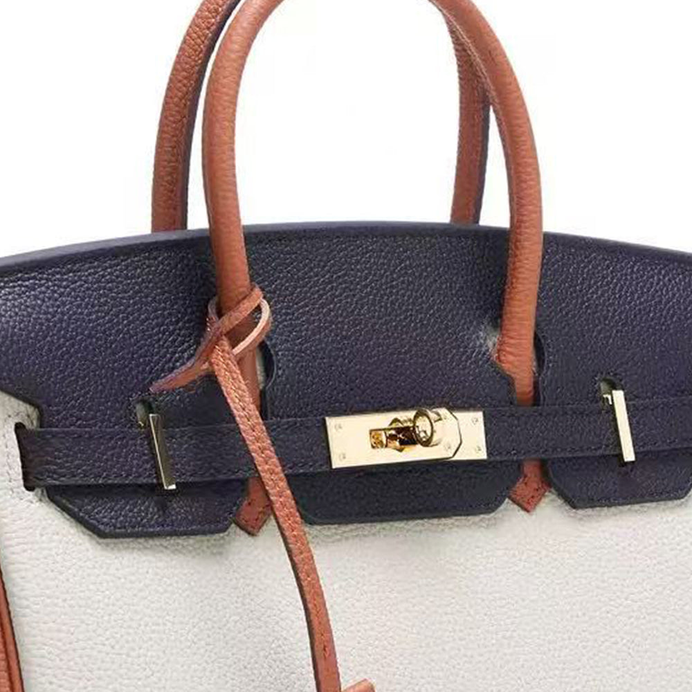 Luxury Designer Leather Handbag | Navy, Ivory & Saddle Brown Colorblock Genuine Leather