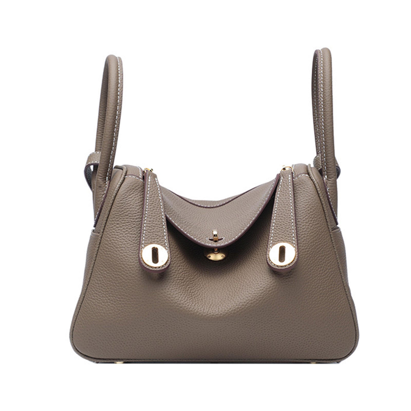 Luxury Designer Leather Shoulder Bag Small/Large | Taupe Pebbled Top-Grain Leather | Dual Handle Flap Design