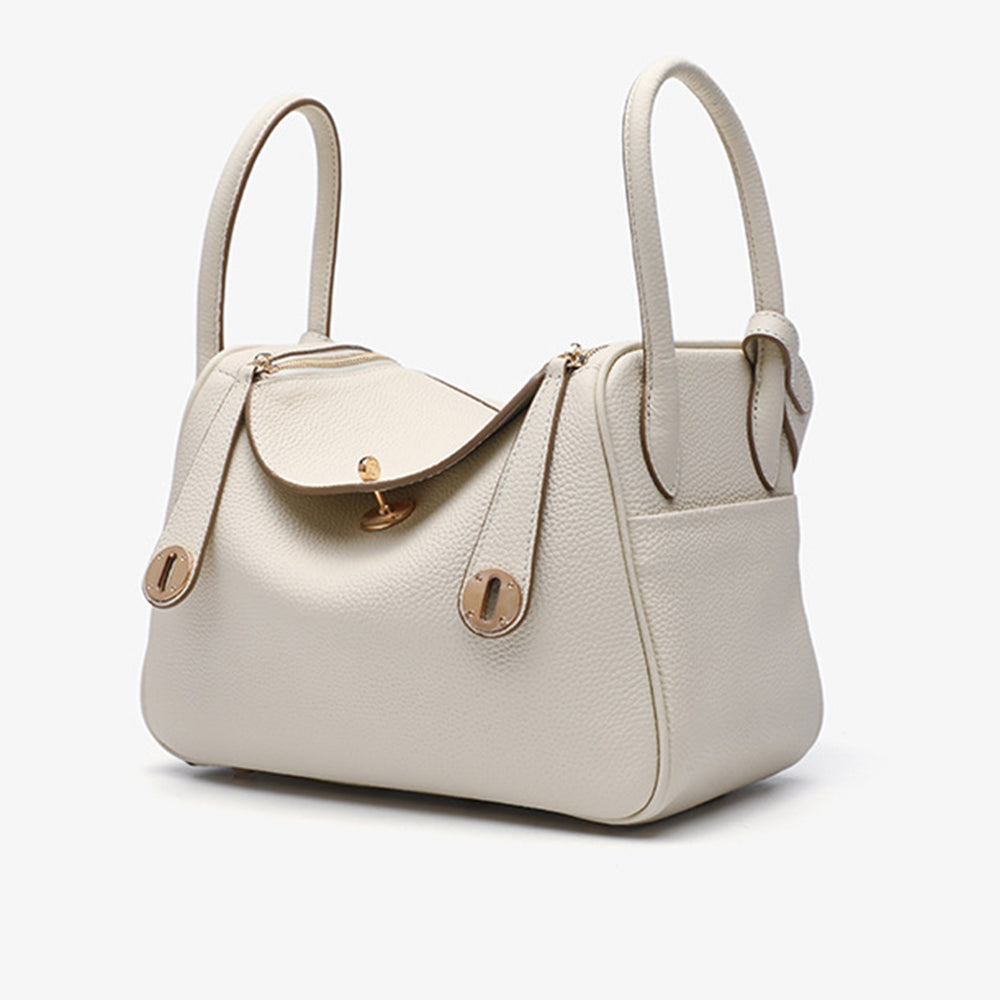 Luxury Designer Leather Shoulder Bag 26cm | Cream Pebbled Genuine Leather