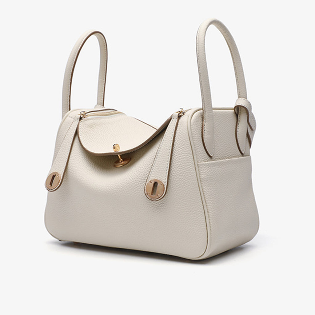 Luxury Designer Leather Shoulder Bag 26cm | Cream Pebbled Genuine Leather
